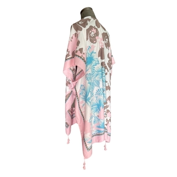 Women’s Swimsuit Cover Up Top Blue Pink Open Front Tunic Hawaiian Print Duster - Picture 4 of 6